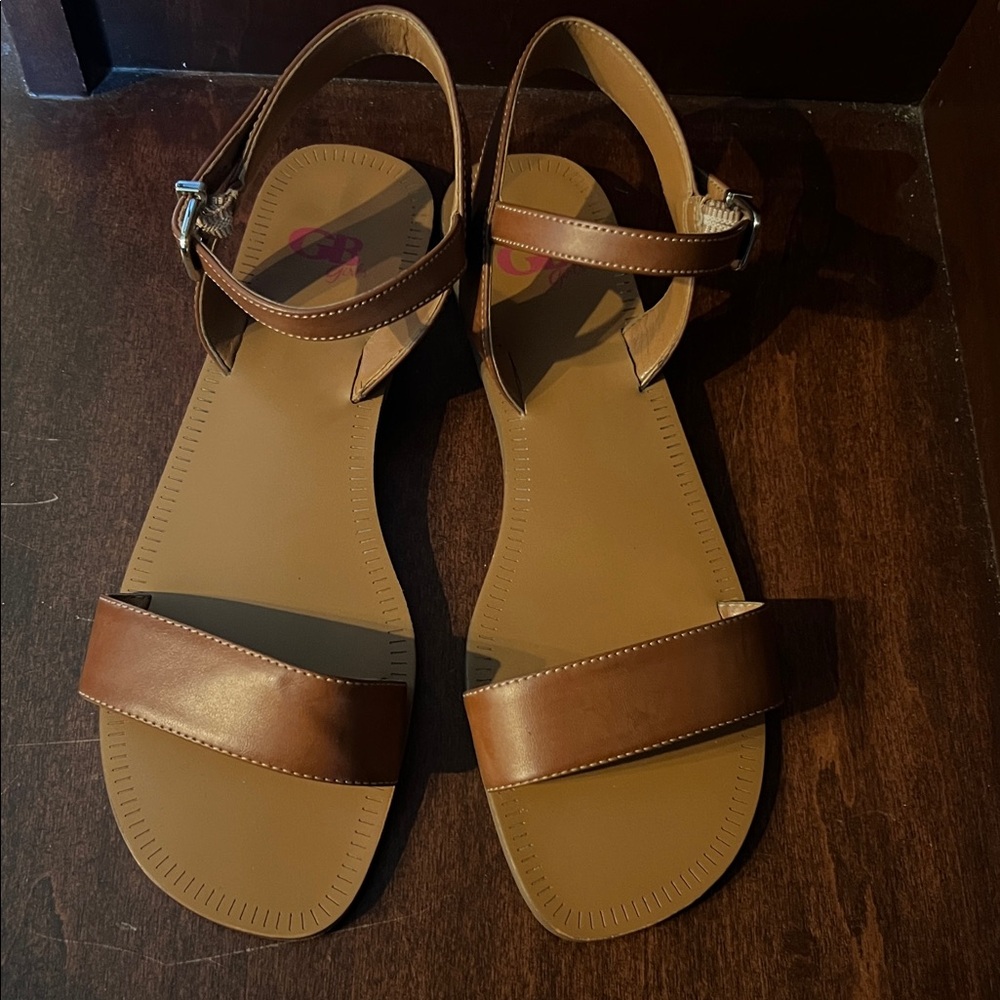 Girls’ flat Tan Leather Ankle Strap Sandals.